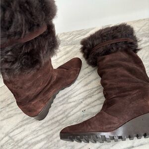 Claudia Ciuti fur suede wedge boots brown leather suede fur Italian boots 7